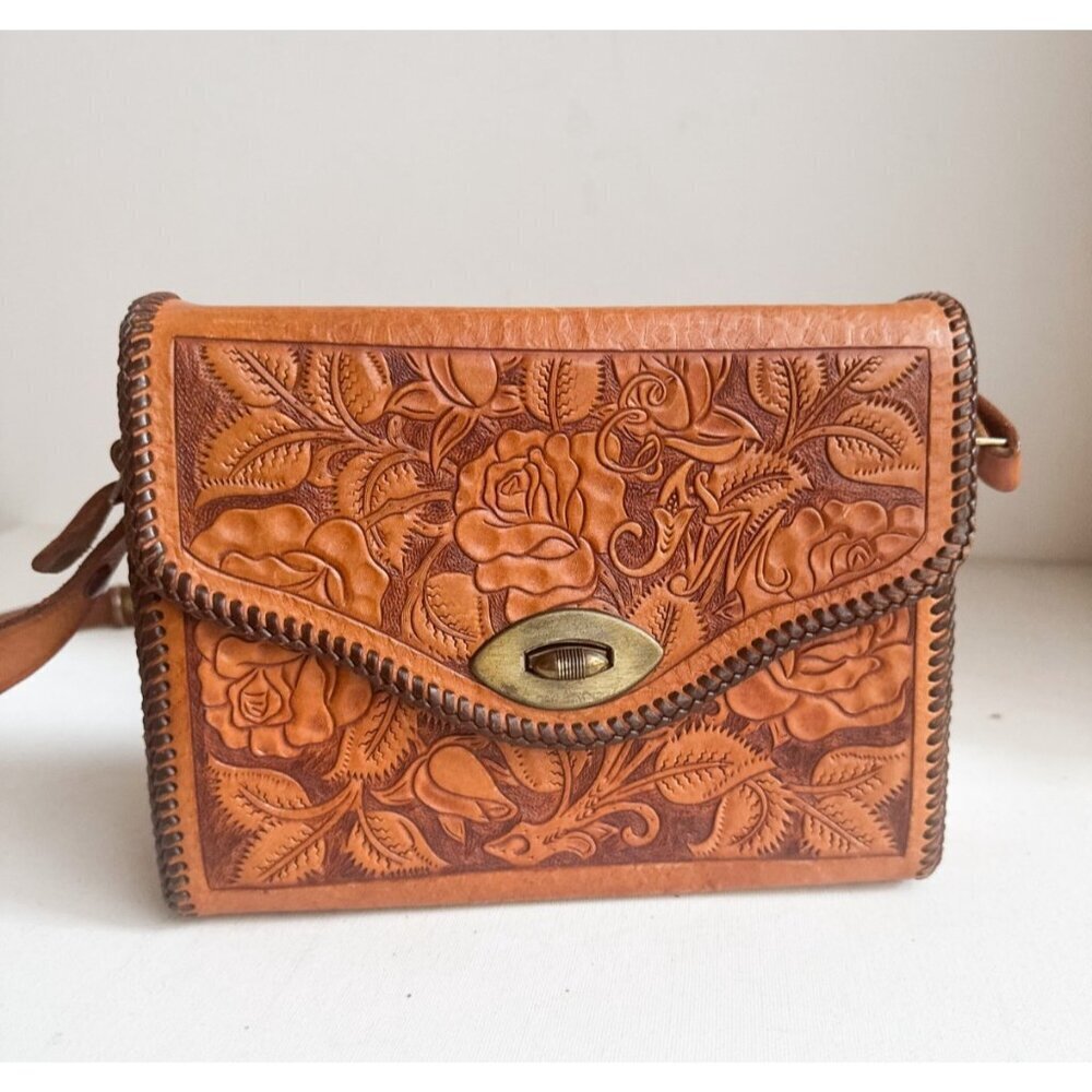Vintage Leather Hand Tooled Floral Leaf Print Custom Made Structure Shoulder Bag